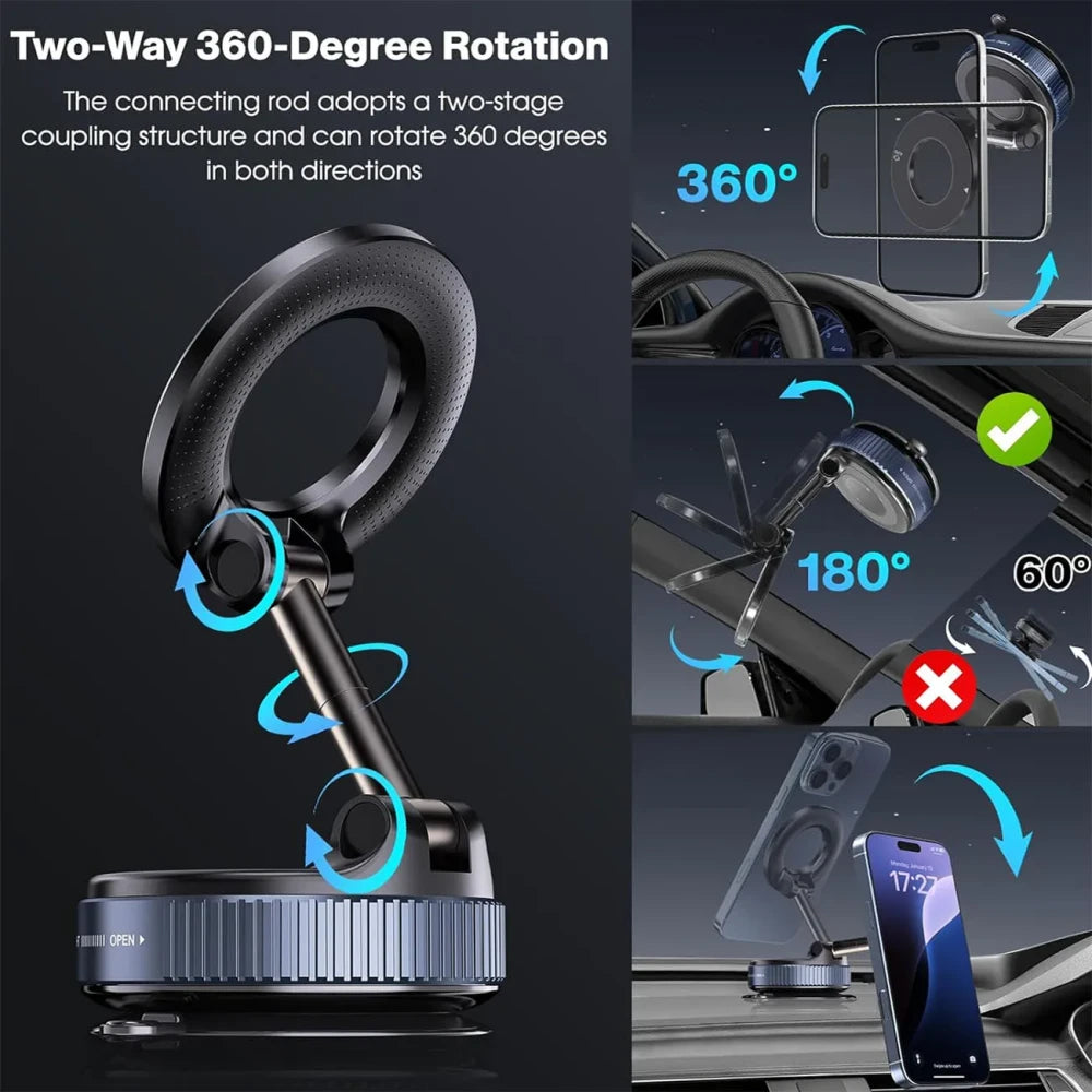 MagSafe Car Mount — Foldable Suction Cup Phone Holder, 360° Adjustable